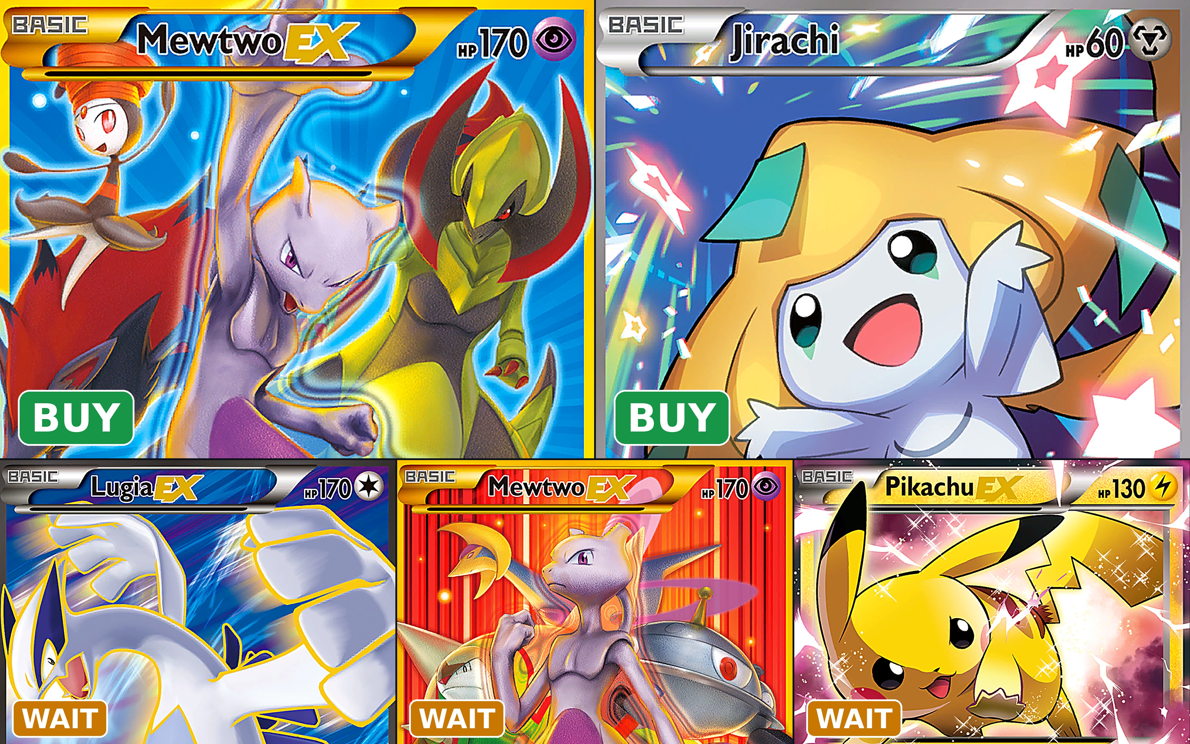 XY Pokemon cards Mewtwo EX 163-162 and Jirachi XY67a marked BUY above Lugia EX 94-98, Mewtwo EX 164-162 and Pikachu EX XY84 marked WAIT